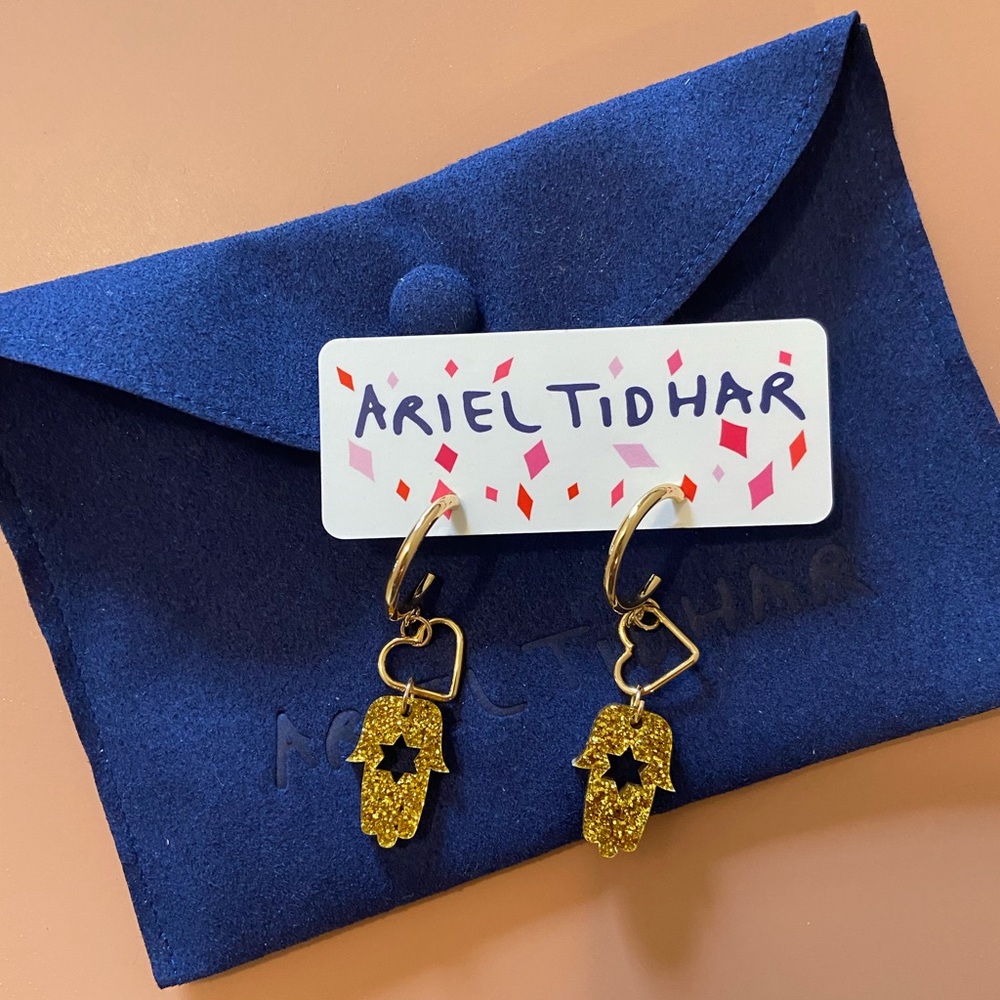 NEW Ariel Tidhar Judaica Hamsa Magen Sparkly Gold Hoop Earrings